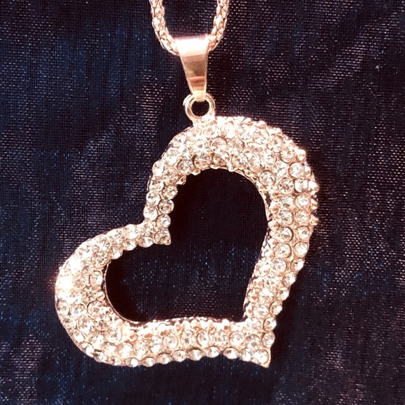 Open 3D Double Large Heart Rose Gold, & Crystals Pendant Necklace Valentine - Picture 3 of 5